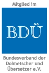 BDÜ-Logo mit dem Text: Mitglied im Bundesverband der Dolmetscher und Übersetzer e. V.