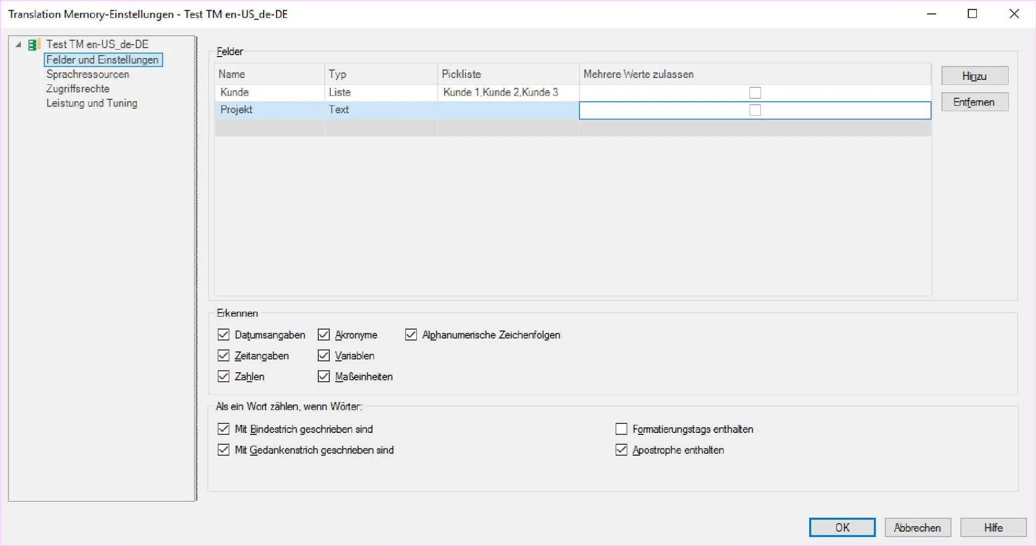 Screenshot Felder anlegen in TM-Einstellungen in SDL Trados Studio 2015
